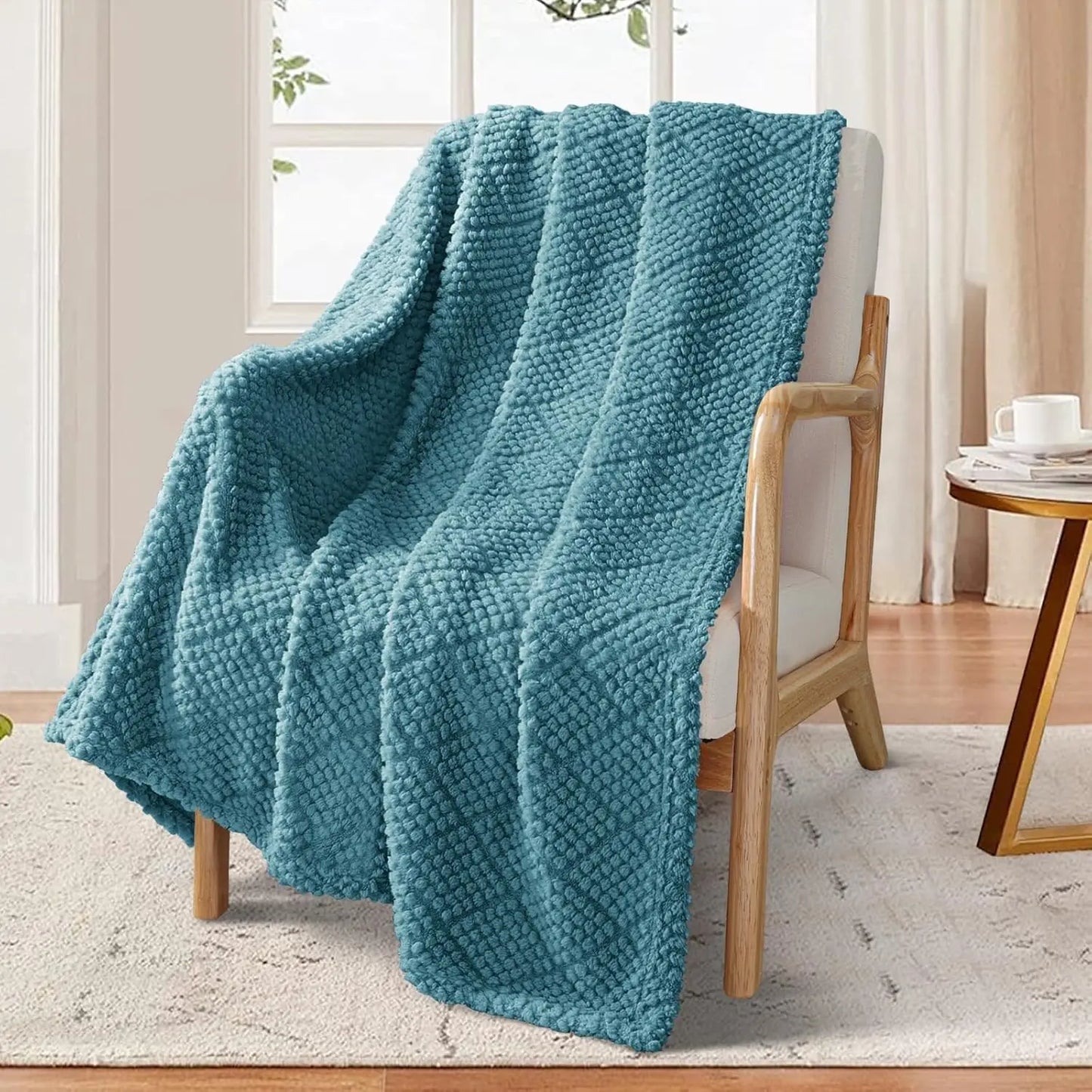 Soft Fluffy Jacquard Waffle Blanket, Lightweight Warm for Couch Bed All Seasons, Slate Blue 50x60 Inch