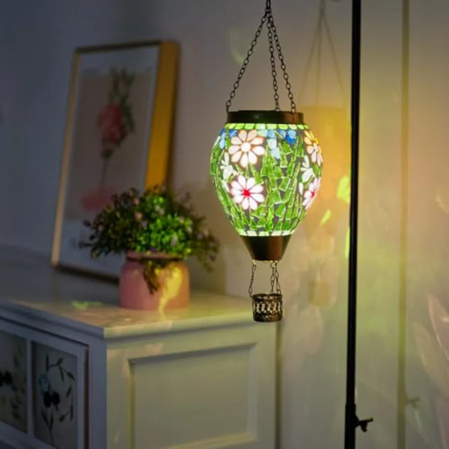 Hot Air Balloon Solar Lantern Flower Pattern Glass Hanging Solars Lanterns Outdoor Waterproof Decorative Solar Light for Garden
