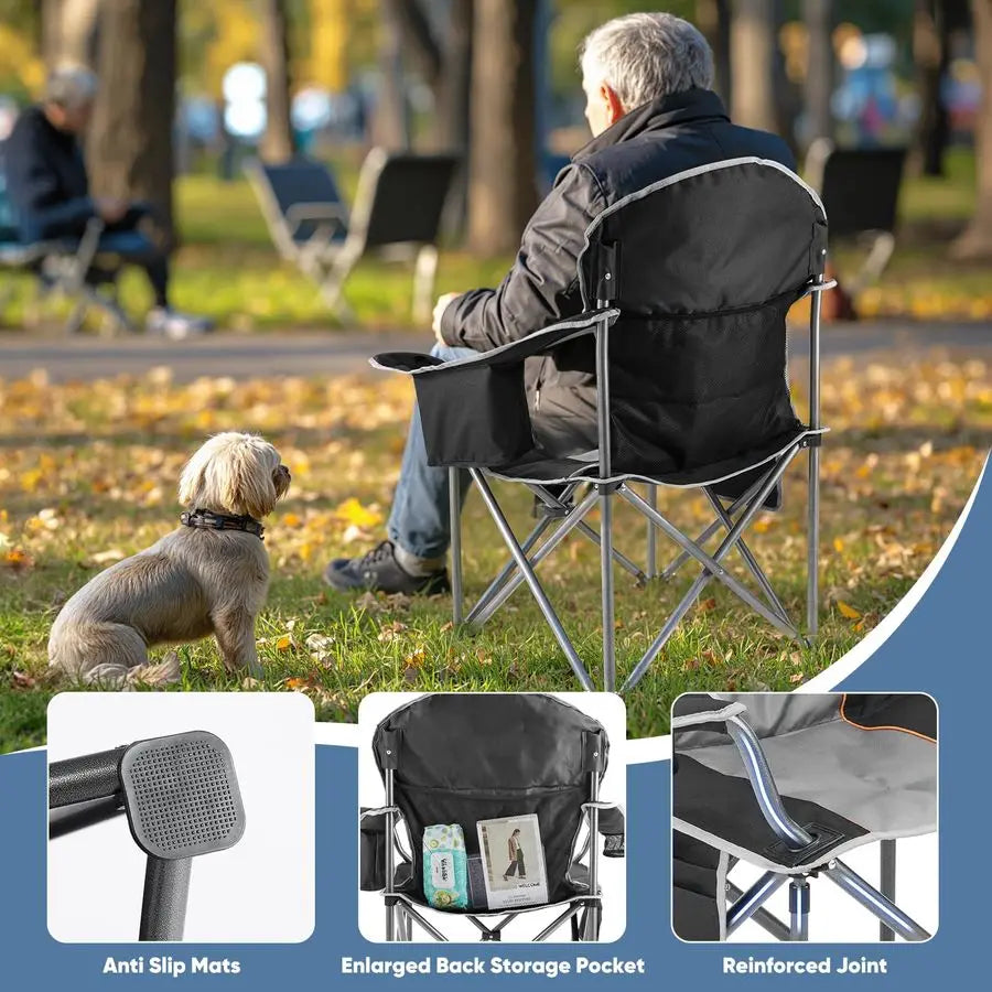 Folding Camping Chairs, Outdoor Collapsible Padded Chairs with Cup Holder Cooler Bag, Heavy Duty Portable Camping Chair for Gard