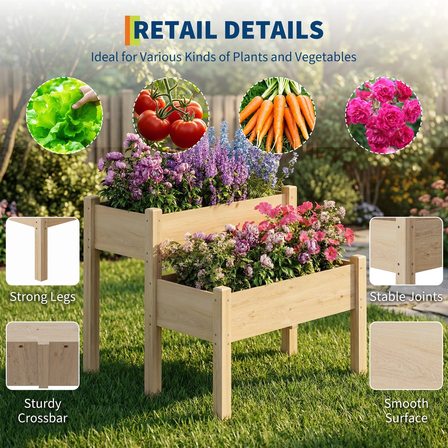 2-Tier Wooden Raised Garden Bed with Legs, Outdoor Planter Box with Drainage Holes, for Vegetables, Flowers, Backyard, Patio