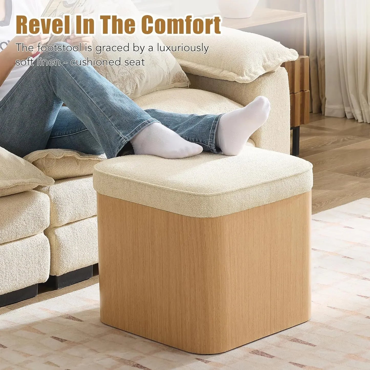 Beige Storage Ottoman Cube Upholstered Foot Rest Stool Coffee Table For Living Room Lounge Reading Room Couch