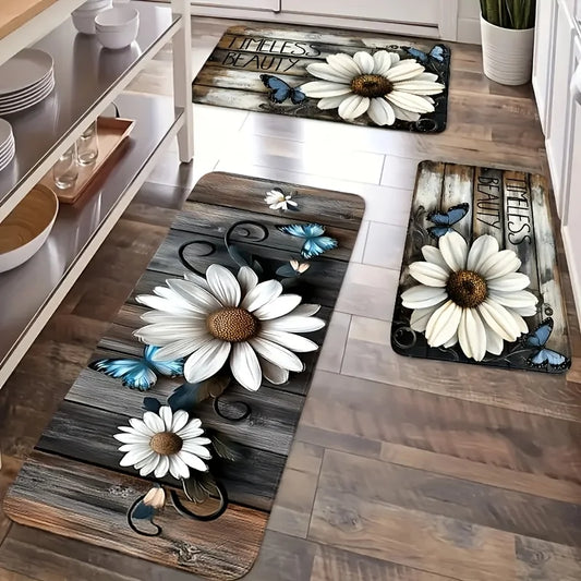 Farmhouse Wood Grain Daisy Butterfly Mat, Polyester Flannel Non-Slip Machine Washable Rug for Kitchen Dining Room Decor