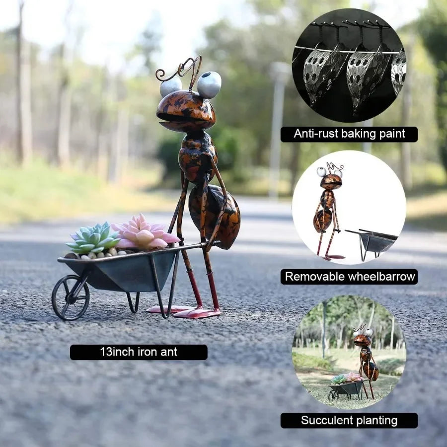 Metal Ant Garden Decor Sculpture Home Patio Lawn Yard Indoor Outdoor Statue Ornament with Removable Bucket