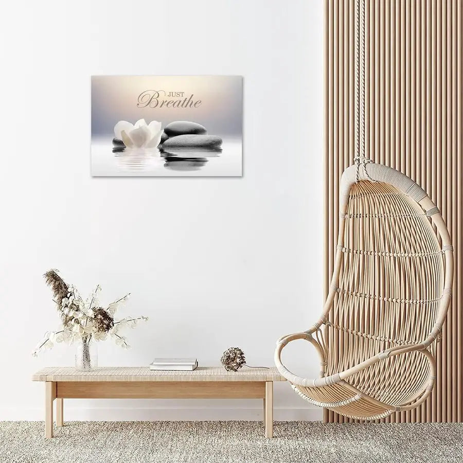 Stone Canvas Wall Art Just Breathe Yoga Quotes Poster for Spa Decor White Lotus Flower Pictures Prints for Bathroom Modern Spiri