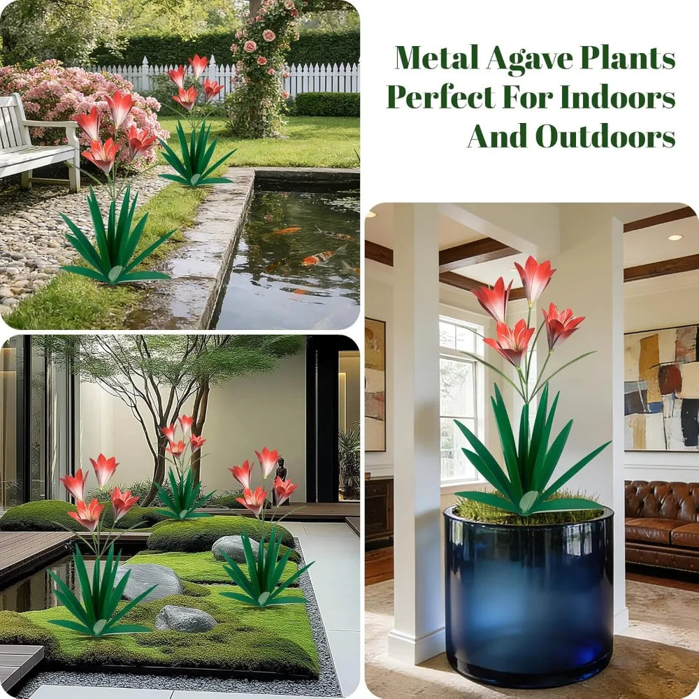 32.28 Inch Metal Agave Plant Outdoor Decoration Mexican Yard Art Garden Gift Home Decor Hand Painted Metal Agave Statue (2pc, Green)