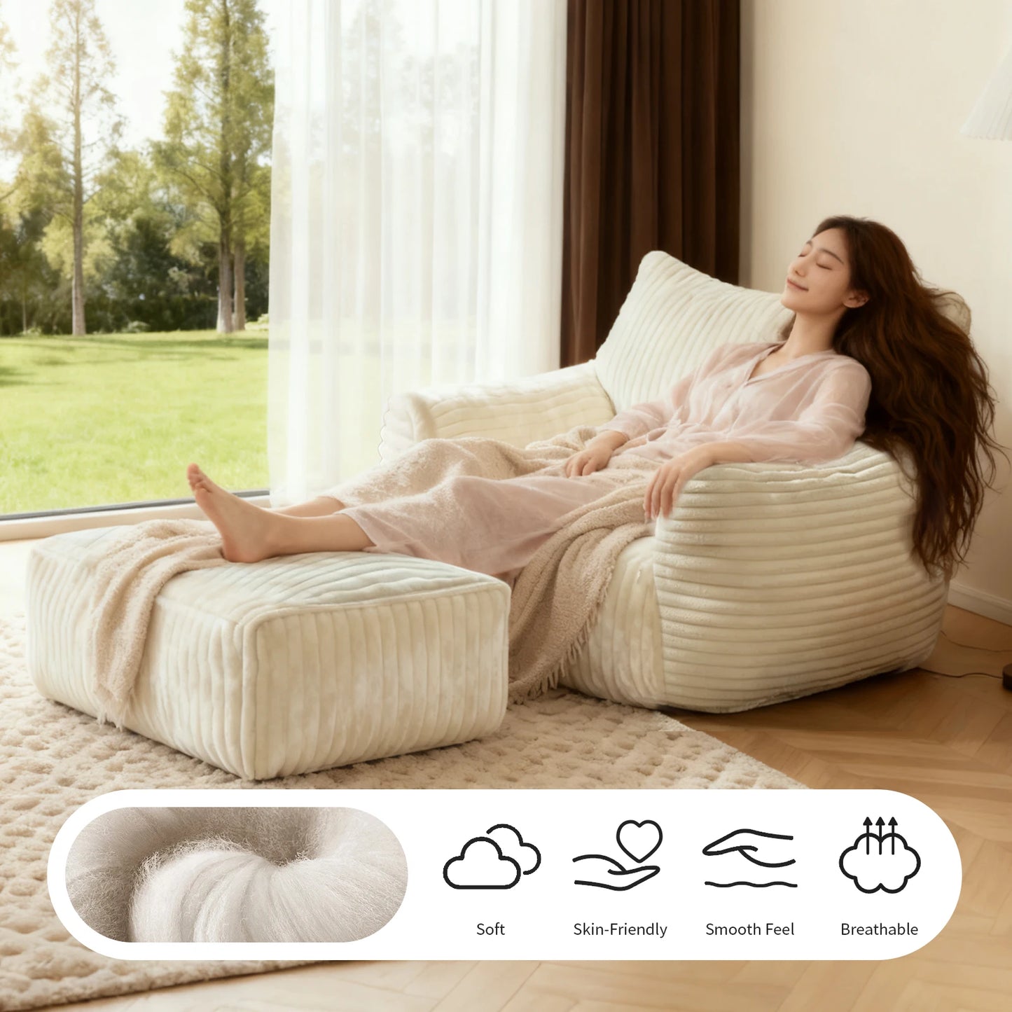 Oversized Bean Bag Chaise Lounge Chair Indoor forAdults with Armrests & Ottoman，Modern Living Room Chair,for Reading,Gaming,