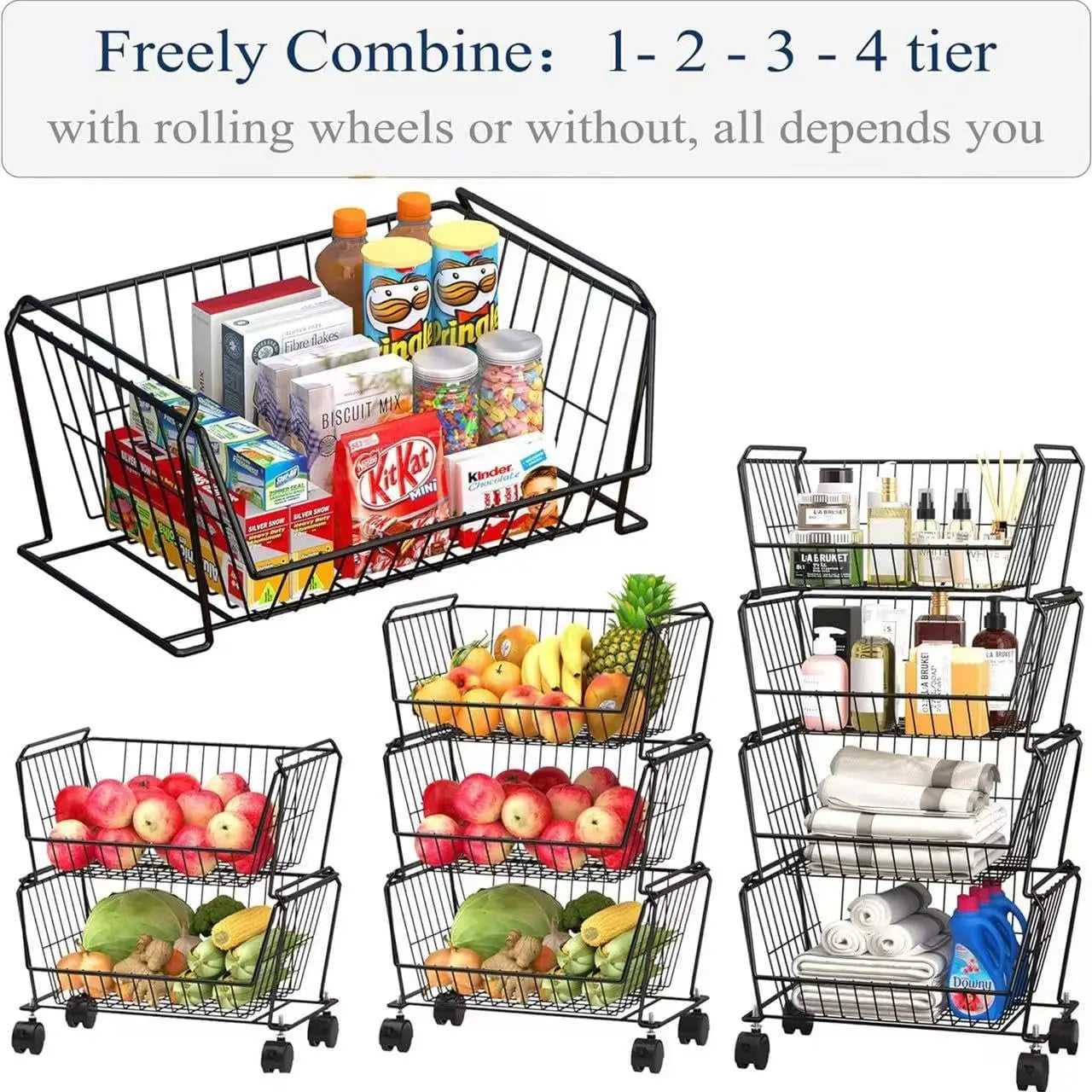 Stackable Metal Storage Carts, Dual Use Shelf for Kitchen Fruit Vegetable Baskets with Wheels, Storage Rack for Living Room, Hom