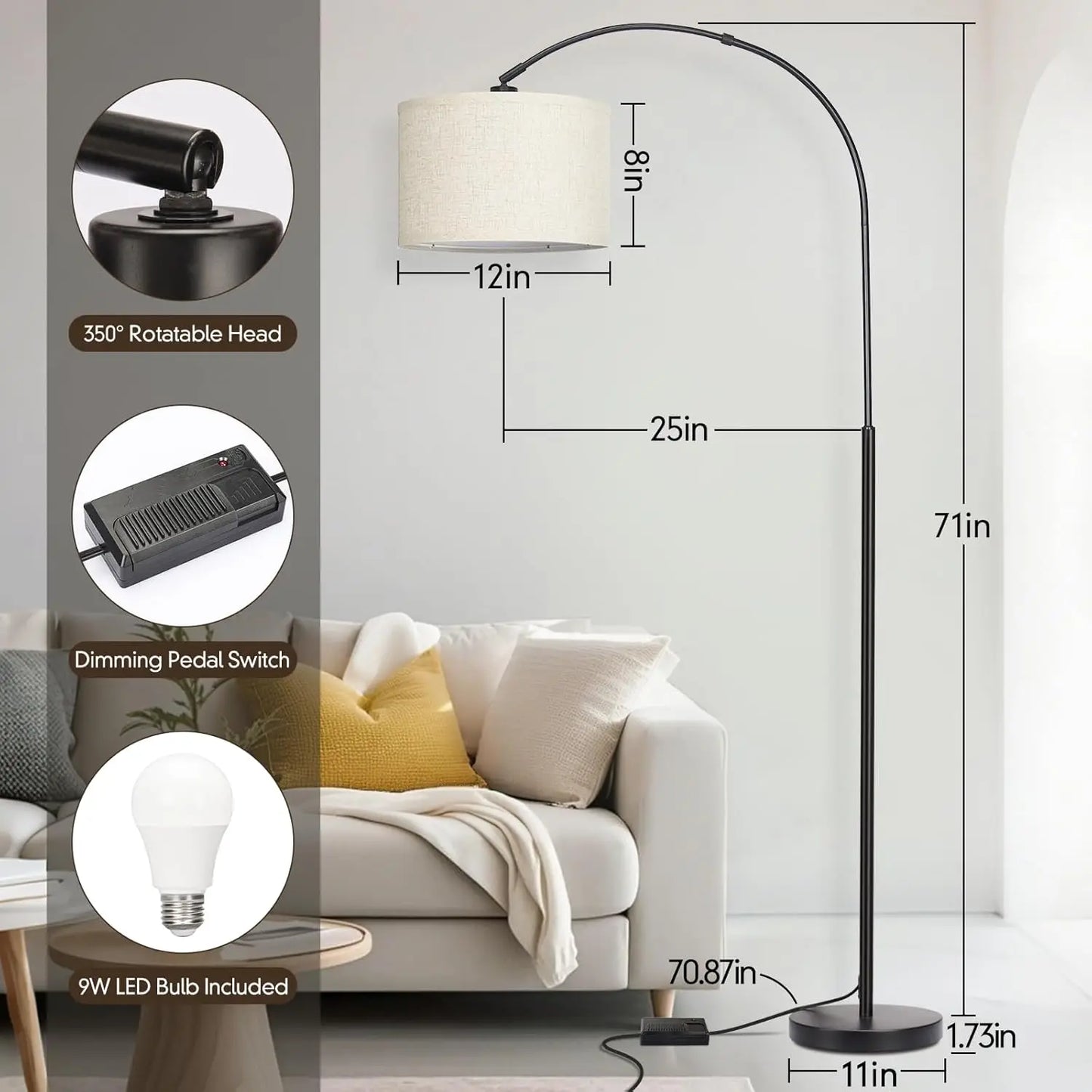Dimmable Arc Floor Lamp with Adjustable Shade, Modern Black Standing Light for Living Room Bedroom, Includes 9W LED Bulb