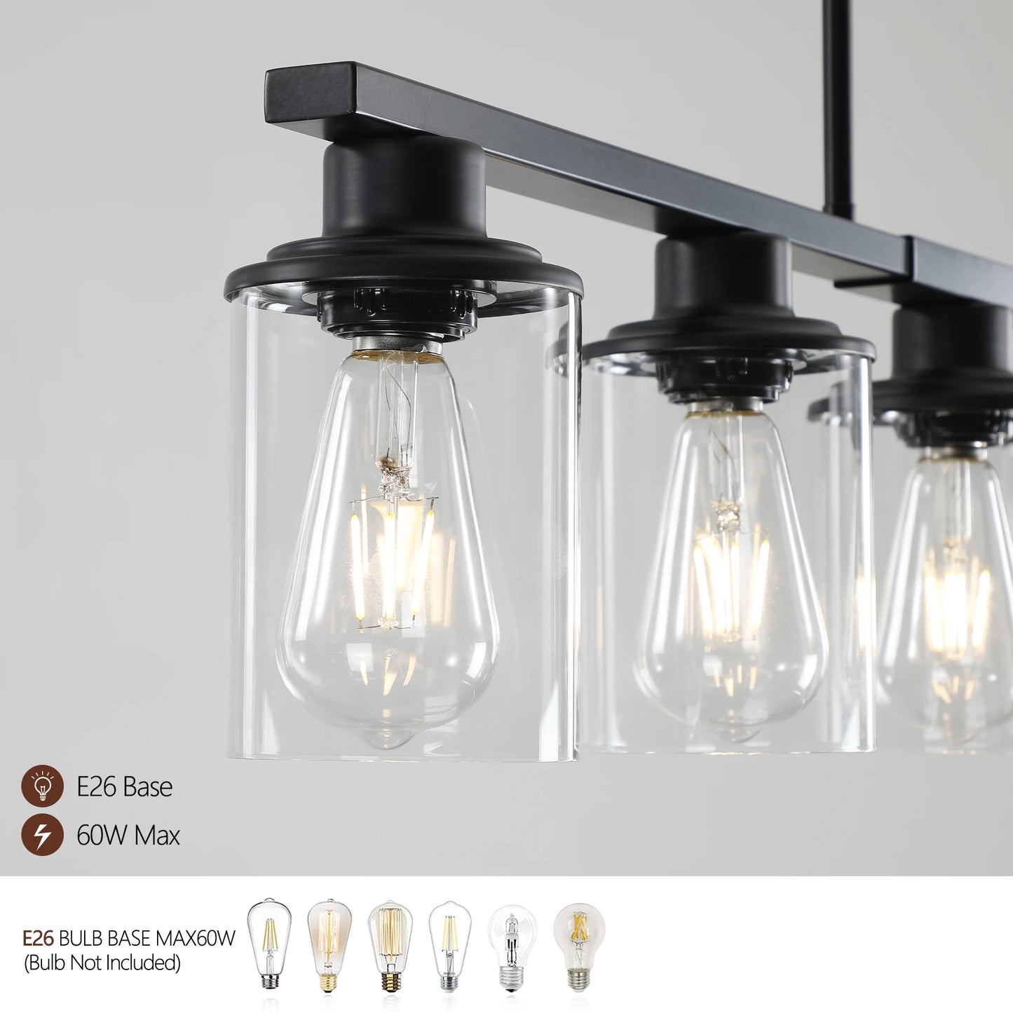 Chandelier Dining Table 5-Light Kitchen Island Pendant Light, Modern Chandelier Light with Clear Glass Shades, Matte Black Iron