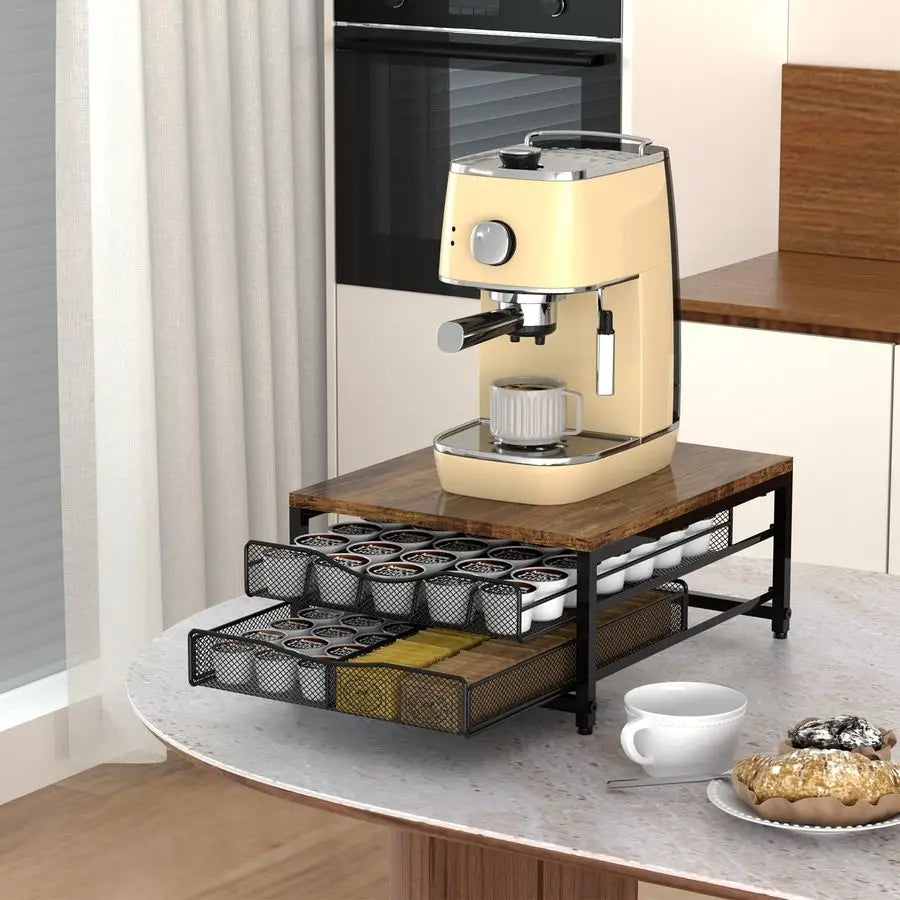 Pod Holder For Counter, Wooden K Cup Holder with Sliding Drawer, Large Capacity Coffee Pod Storage for Coffee Station, Home, Off