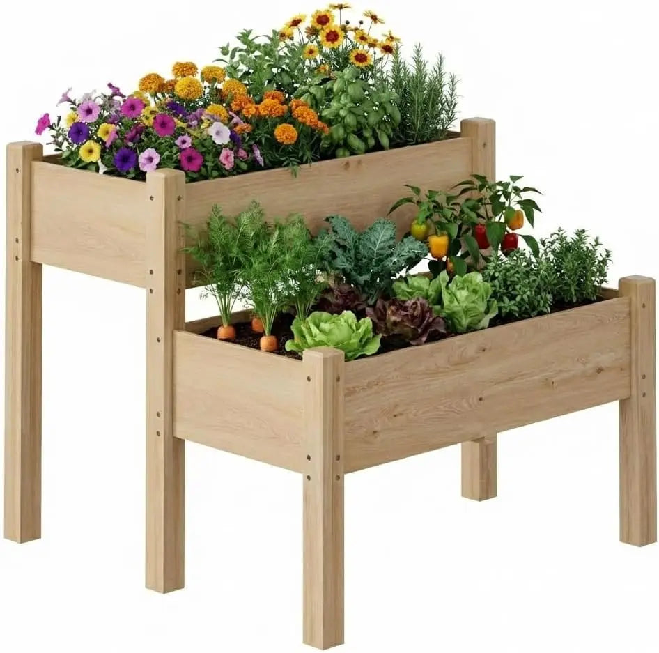 2-Tier Wooden Raised Garden Bed with Legs, Outdoor Planter Box with Drainage Holes, for Vegetables, Flowers, Backyard, Patio