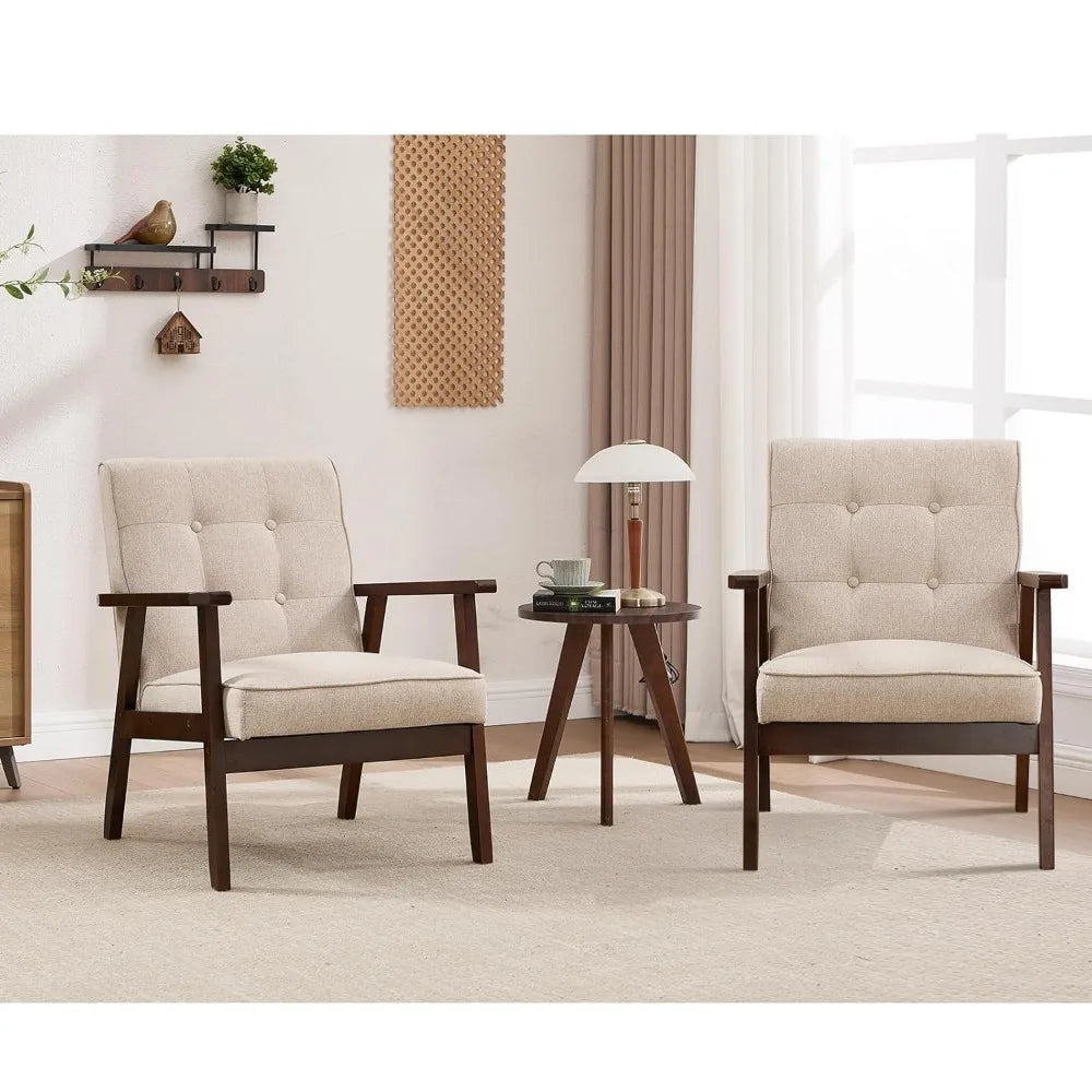 Mid Century Modern Accent Chairs Set of 2, Tufted Fabric Armchair with Solid Wood Frame, Comfy Retro Side Chair, Customized