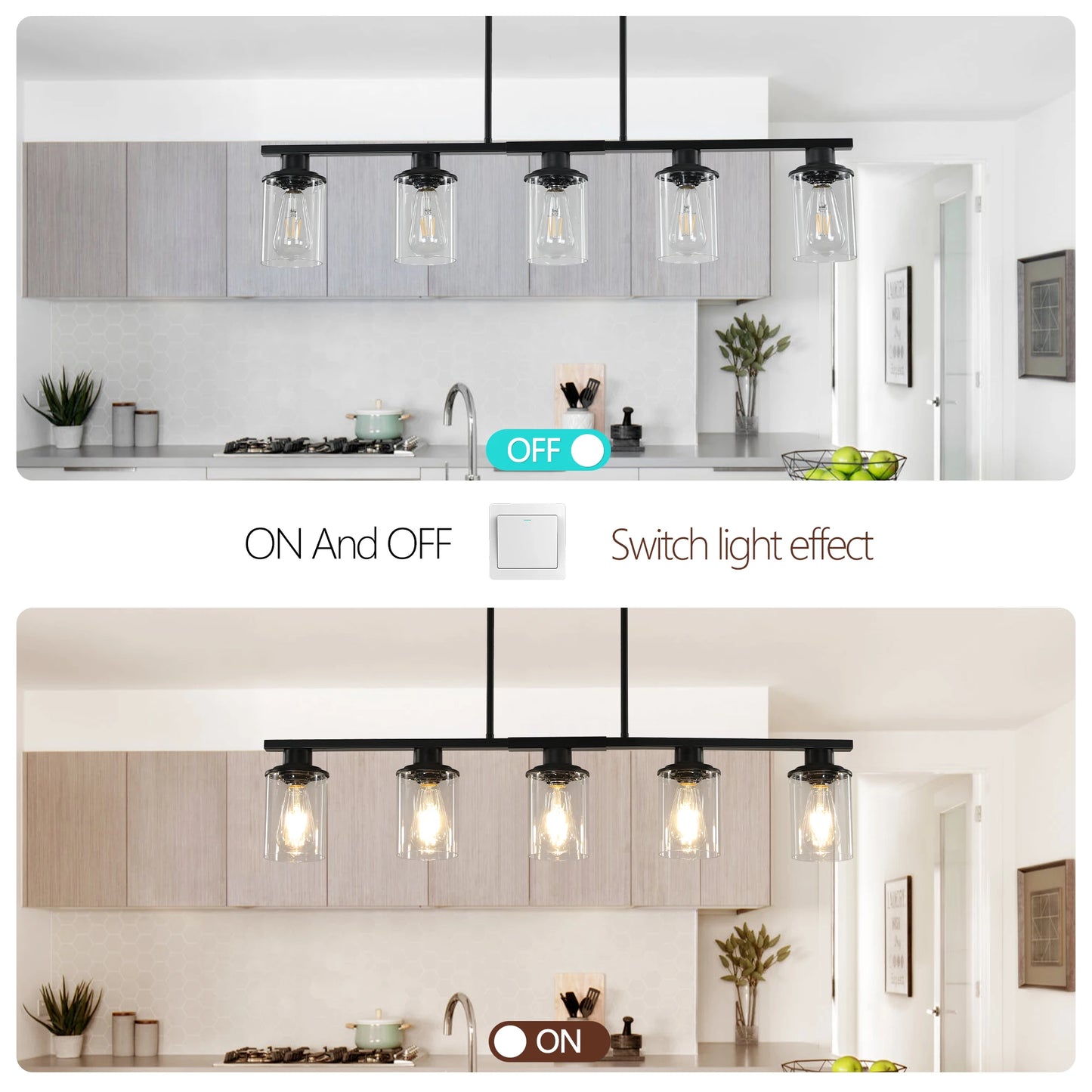 Chandelier Dining Table 5-Light Kitchen Island Pendant Light, Modern Chandelier Light with Clear Glass Shades, Matte Black Iron
