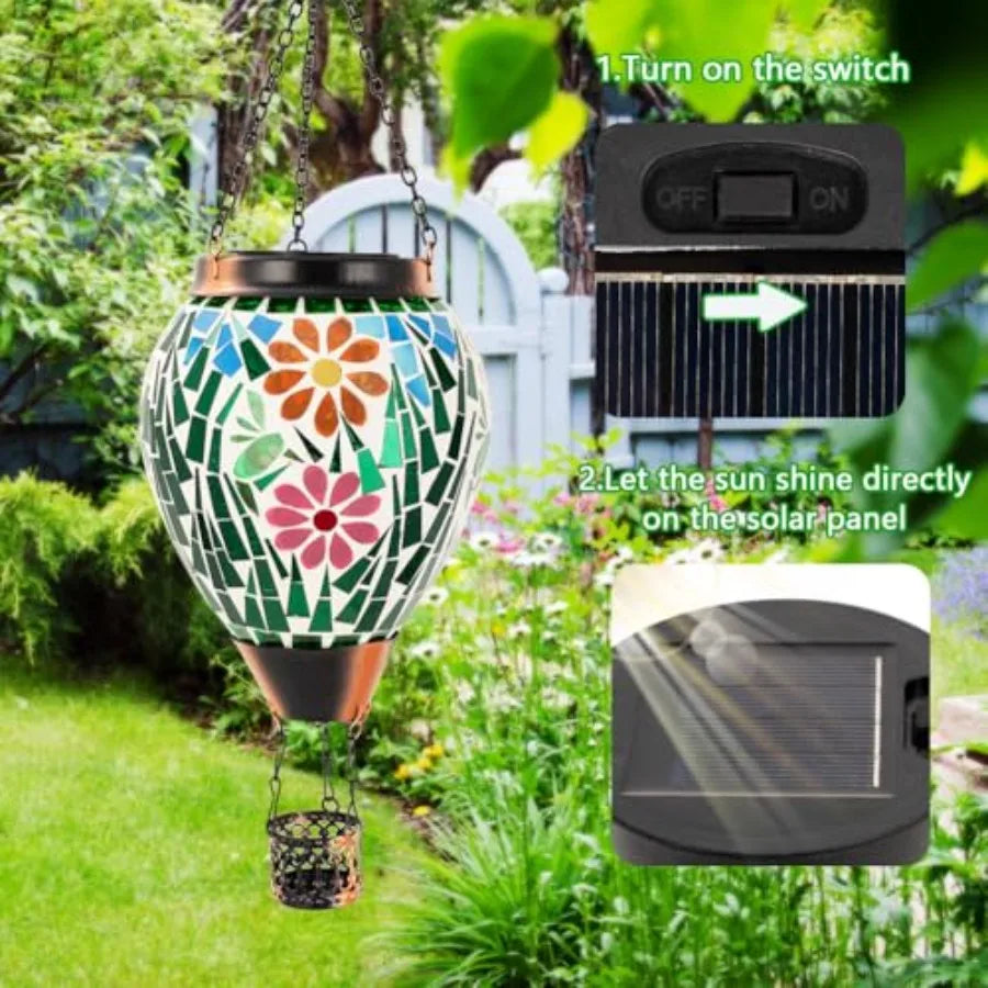 Hot Air Balloon Solar Lantern Flower Pattern Glass Hanging Solars Lanterns Outdoor Waterproof Decorative Solar Light for Garden