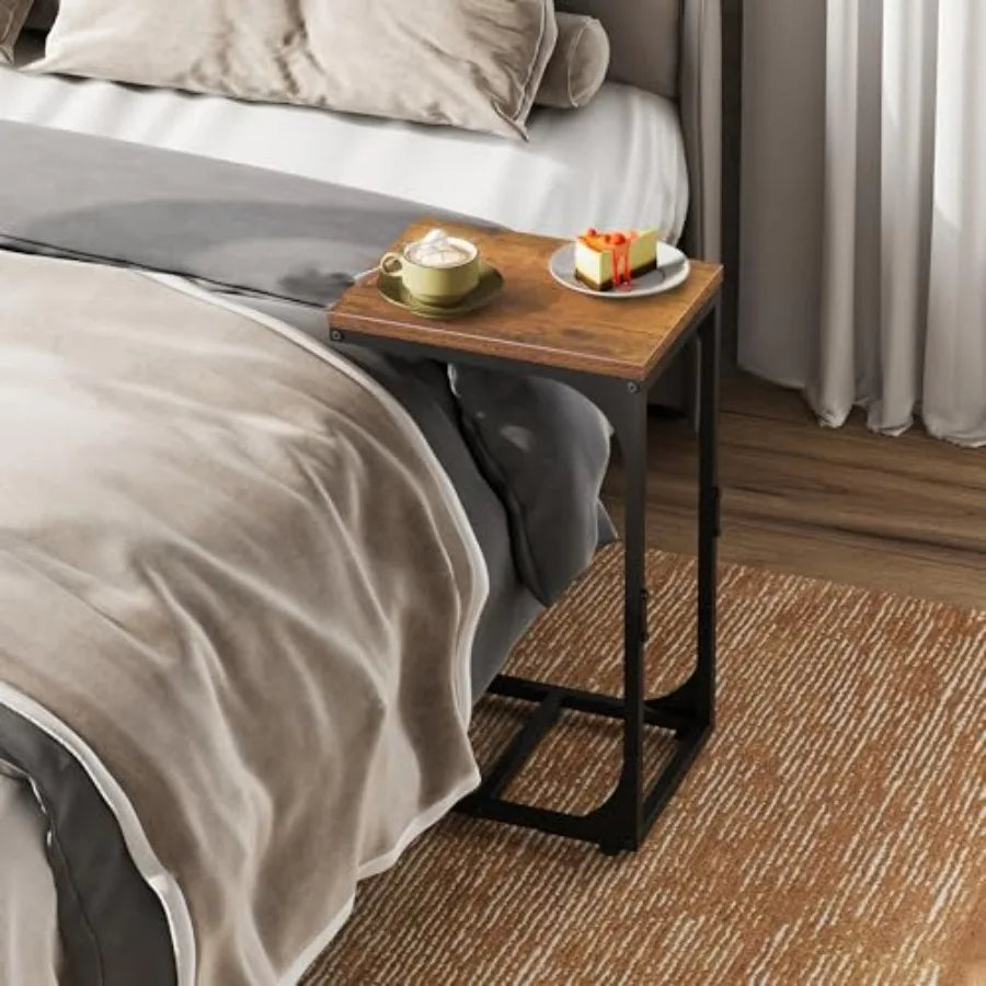 C Shaped End Table Small Couch Side Tables with Metal Frame That Slide Under Sofa Table TV Tray for Living Room Bedroom Rustic
