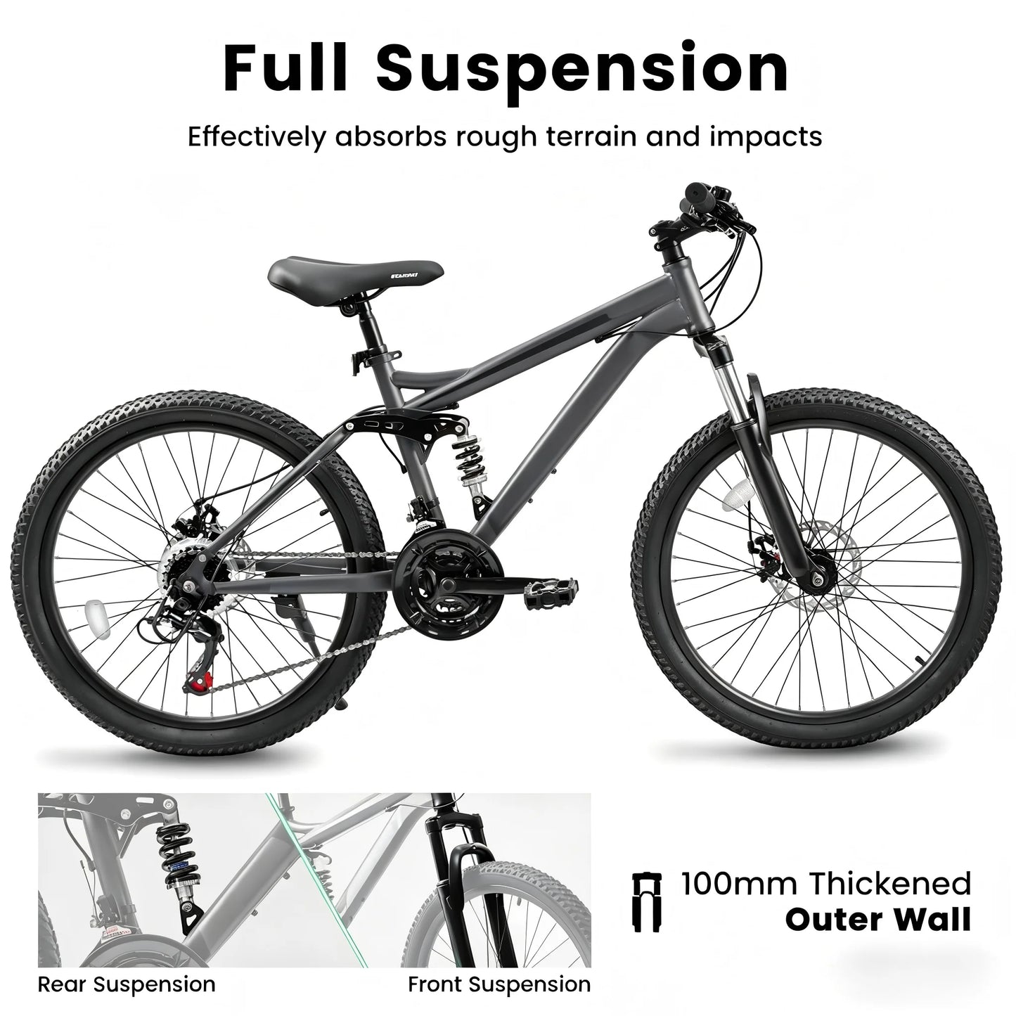 24 Inch Mountain Bike with Full Suspension 21 Speed Shifter Lever with Gear Indicator Mechanical Disc Brakes, Unisex for Adults