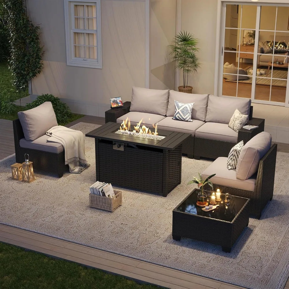 Outdoor Patio Furniture Set with 44'' Fire Pit Table, 7 Pcs Outdoor Patio Furniture Sets with 4in Thicken Cushion.