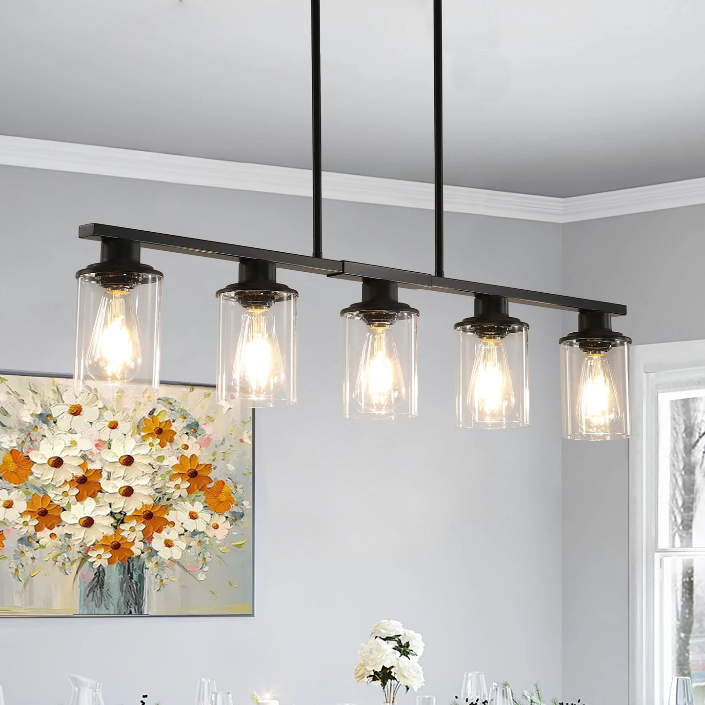 Chandelier Dining Table 5-Light Kitchen Island Pendant Light, Modern Chandelier Light with Clear Glass Shades, Matte Black Iron