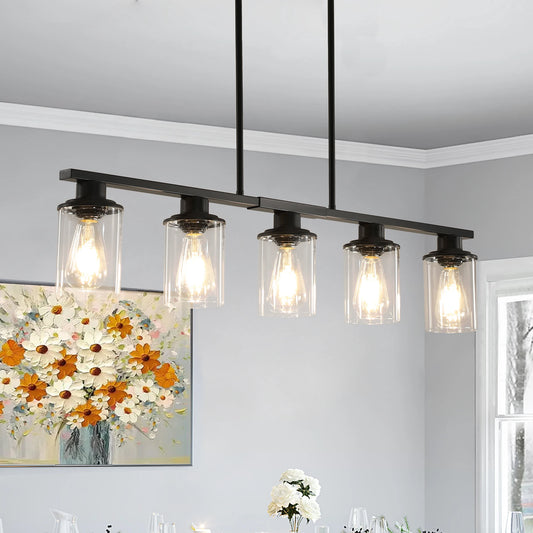 Chandelier Dining Table 5-Light Kitchen Island Pendant Light, Modern Chandelier Light with Clear Glass Shades, Matte Black Iron