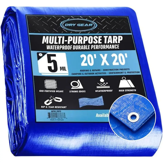 20x20 Blue Waterproof Tarp - 5 MIL Thick Outdoor Cover for Camping, Patio, Pool, Furniture, Boat, Truck Beds (Pack of 1)