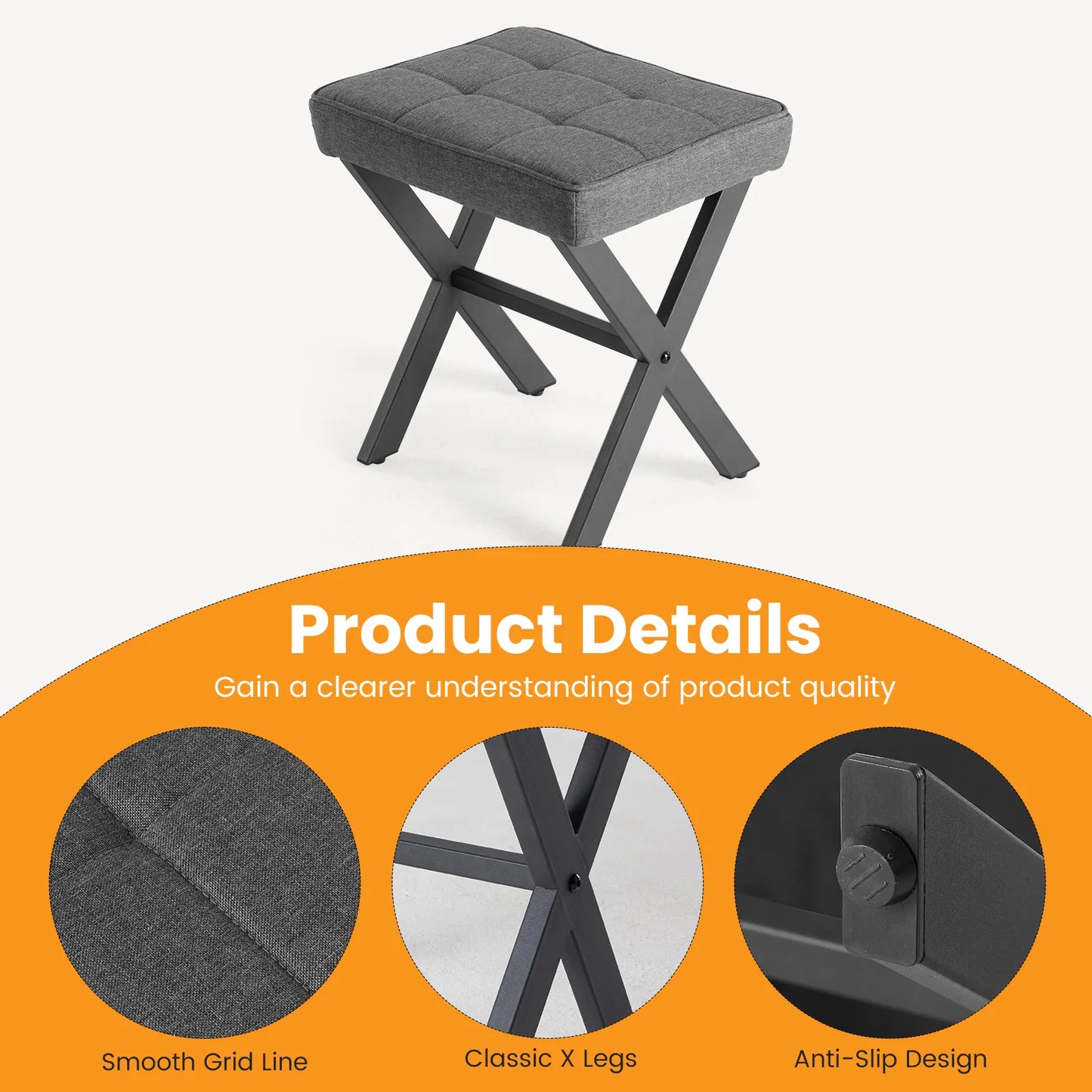JHK Ottoman Square Linen Footstool Chair Metal X Legs Comfortable Padded Seat Vanity Makeup Stool Space-Saving for Living Room