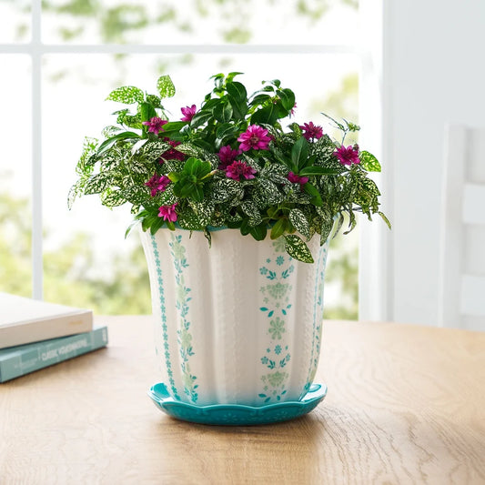 8 Inch Ceramic Scallop Planter with Floral Pattern Drainage Holes Indoor Outdoor Use Perfect Flowers Herbs Succulents
