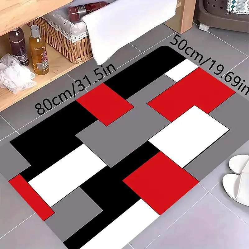 Red Black White Geometric Color Blocks Kitchen Mat Living Room Entrance Door Mat Bath Balcony Hallway Laundry Non-slip Floor Mat
