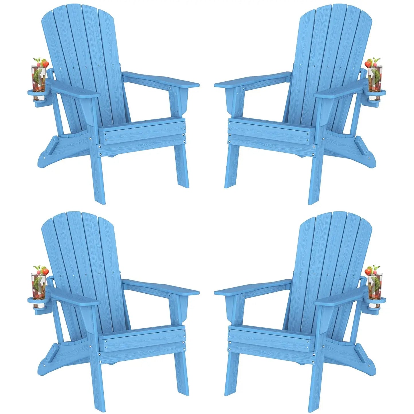 Folding Adirondack Chair Set of 4, Cup Holder，Wooden Textured ，Heavy All-Weather HDPE Comfortable Set Poolside, Customized