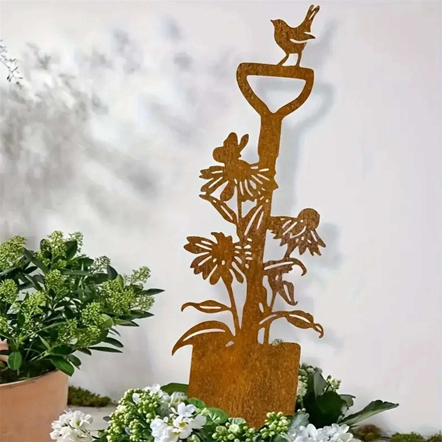 Metal Garden Stake with 2D Shovel Flower and Bird Design - Decorative Yard Sign for Lawn and Outdoor Ground Insert