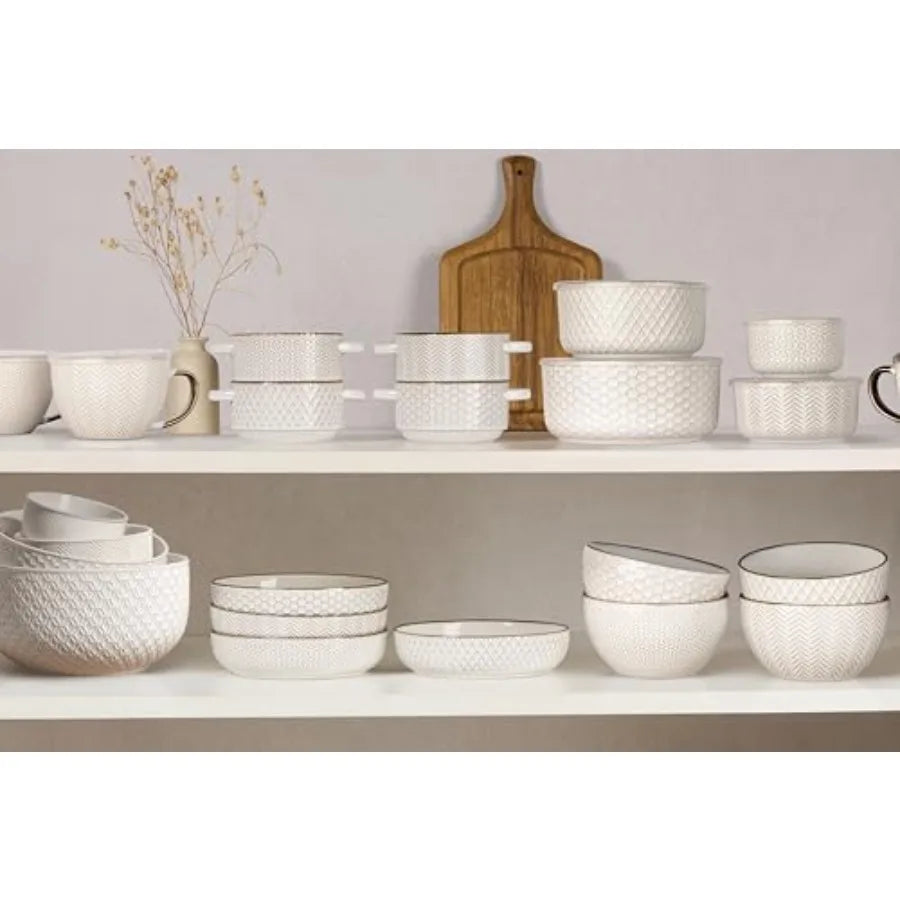Serving Bowls with Lids Ceramic Nesting Bowls Set of 4 Embossed Kitchen Prep Stackable Gift Microwave and Dishwasher Safe 10/16