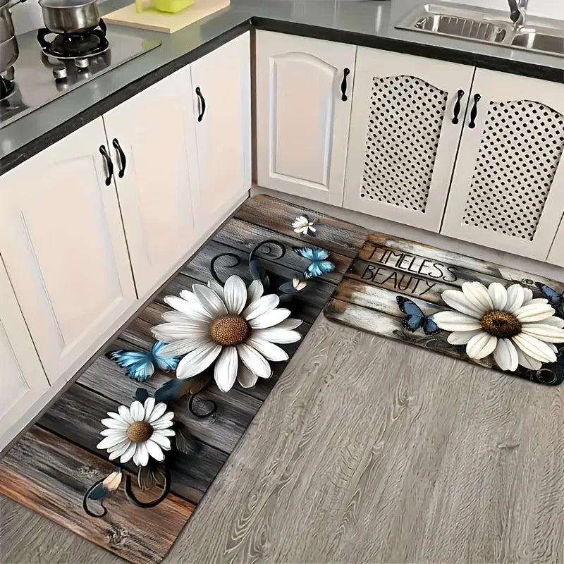 Farmhouse Wood Grain Daisy Butterfly Mat, Polyester Flannel Non-Slip Machine Washable Rug for Kitchen Dining Room Decor