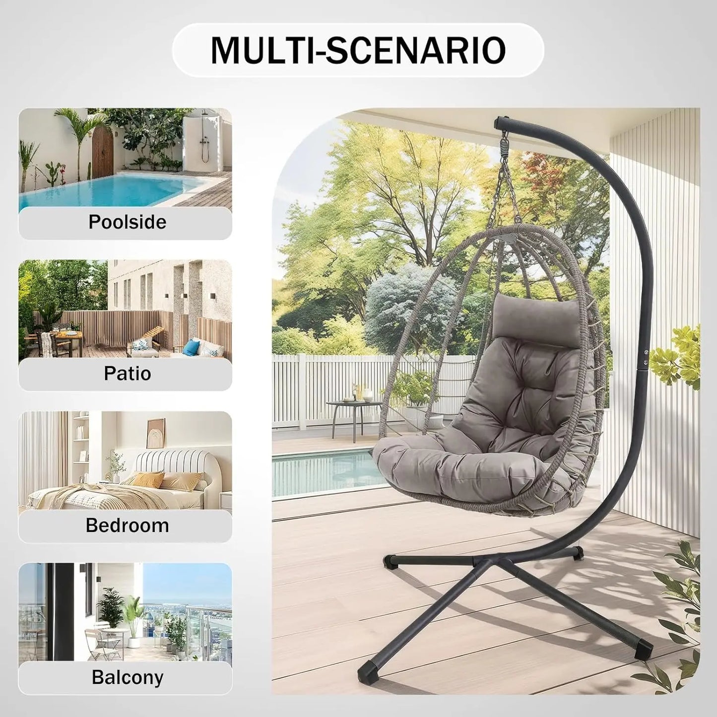 Hanging Egg Chair with Stand, Outdoor Indoor Rattan Wicker Swing Chair, Foldable Patio Hammock with Cushion, Dark, Customized