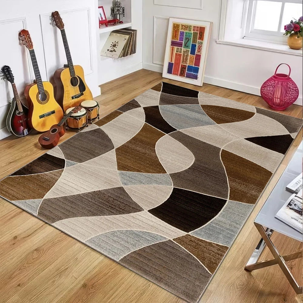 Modern Neutral Patchwork Square Stripe Area Rug - Minimalist Soft Non-Slip Floor Mat for Living Rooms Bedrooms & Home Spaces