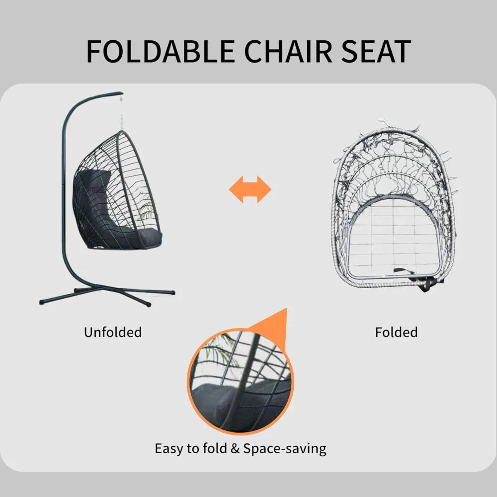Hanging Egg Chair with Stand Indoor Outdoor, Foldable Rattan Wicker Hammock Egg Swing Chair for Bedroom Porch Patio Garage.