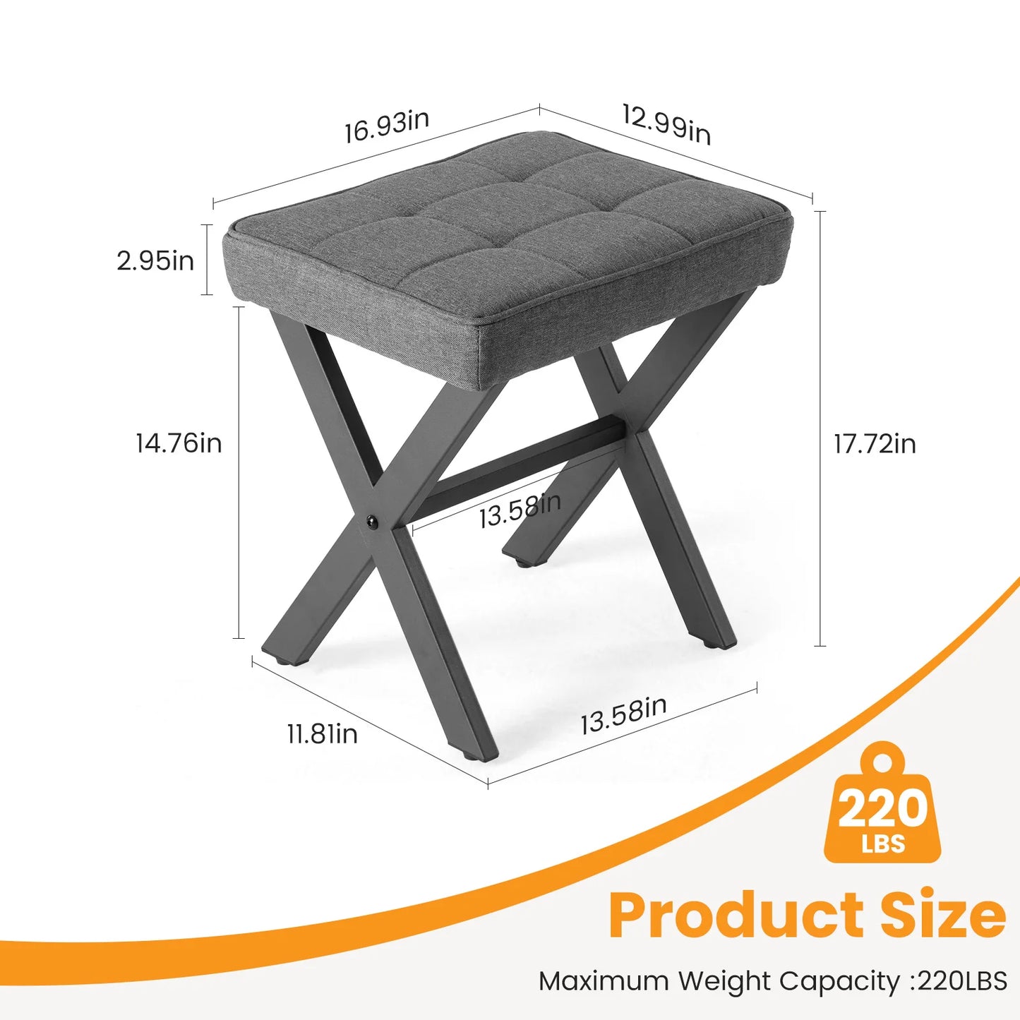 JHK Ottoman Square Linen Footstool Chair Metal X Legs Comfortable Padded Seat Vanity Makeup Stool Space-Saving for Living Room