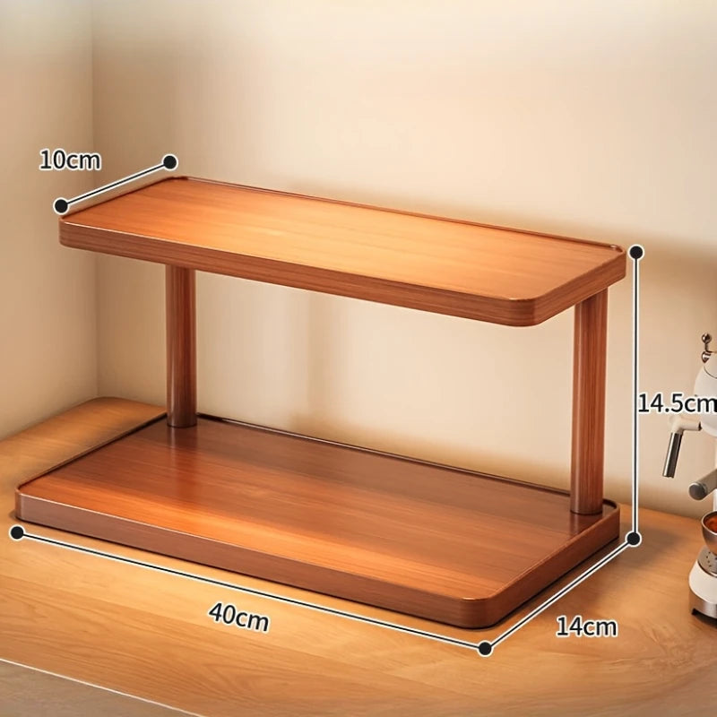 Versatile 2-Tier Wooden Storage Rack for Kitchen & Tea Room - Countertop Organizer with Decorative Handles, Ideal for Spices