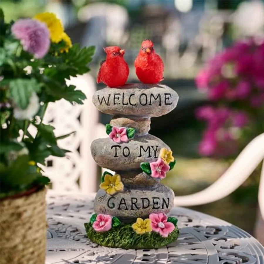 Garden Statues with Outdoor Solar Lights for Garden Decor Cardinal Birds Welcome Yard Sign Rocks and Flower Resin Valentines De