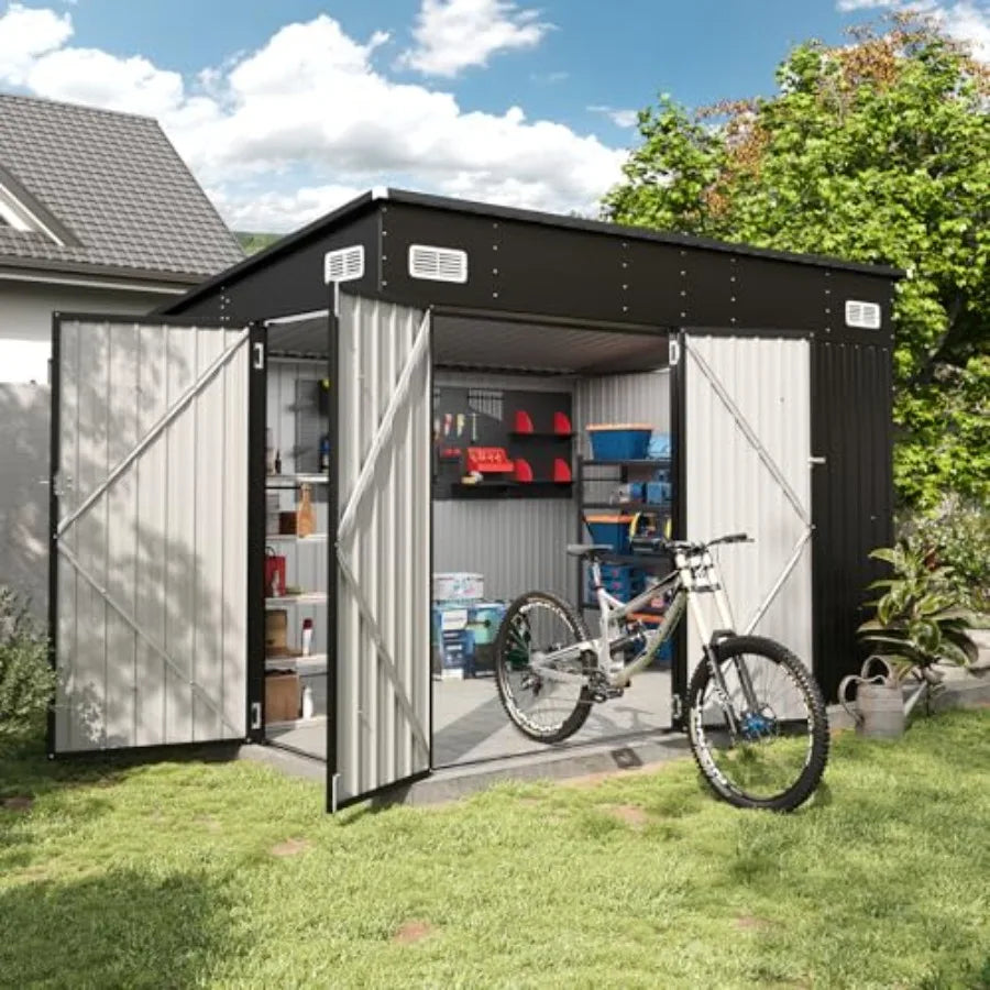 4' X 8' Shed Outdoor Storage Shed with Triple Lockable Door Metal Storage Cabinet with Slopping Roof for Tools Bicycles Storage