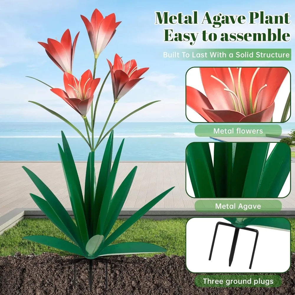 32.28 Inch Metal Agave Plant Outdoor Decoration Mexican Yard Art Garden Gift Home Decor Hand Painted Metal Agave Statue (2pc, Green)