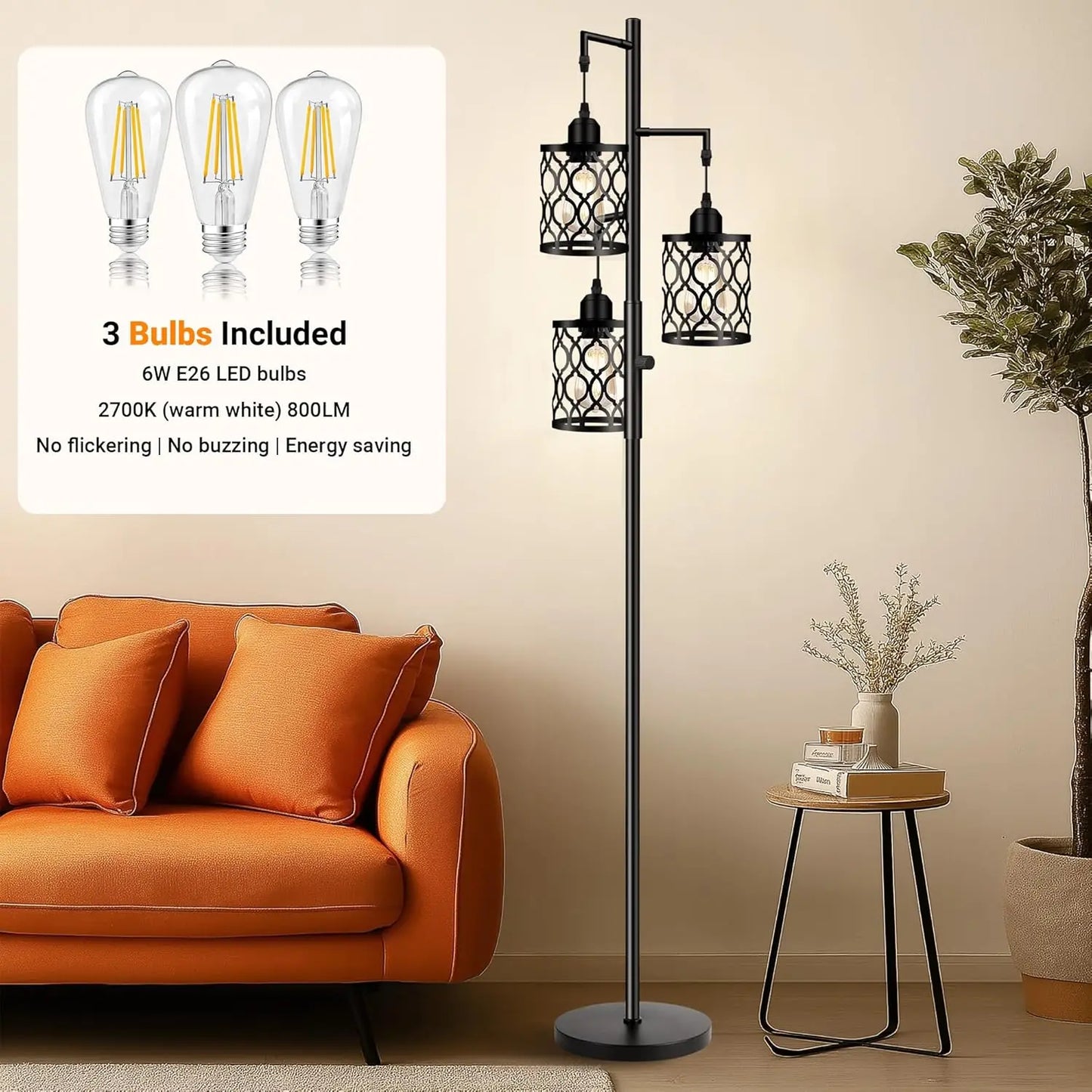 Dimmable Farmhouse Floor Lamp with 3 LED Bulbs, Rustic Industrial Style for Living Room and Bedroom