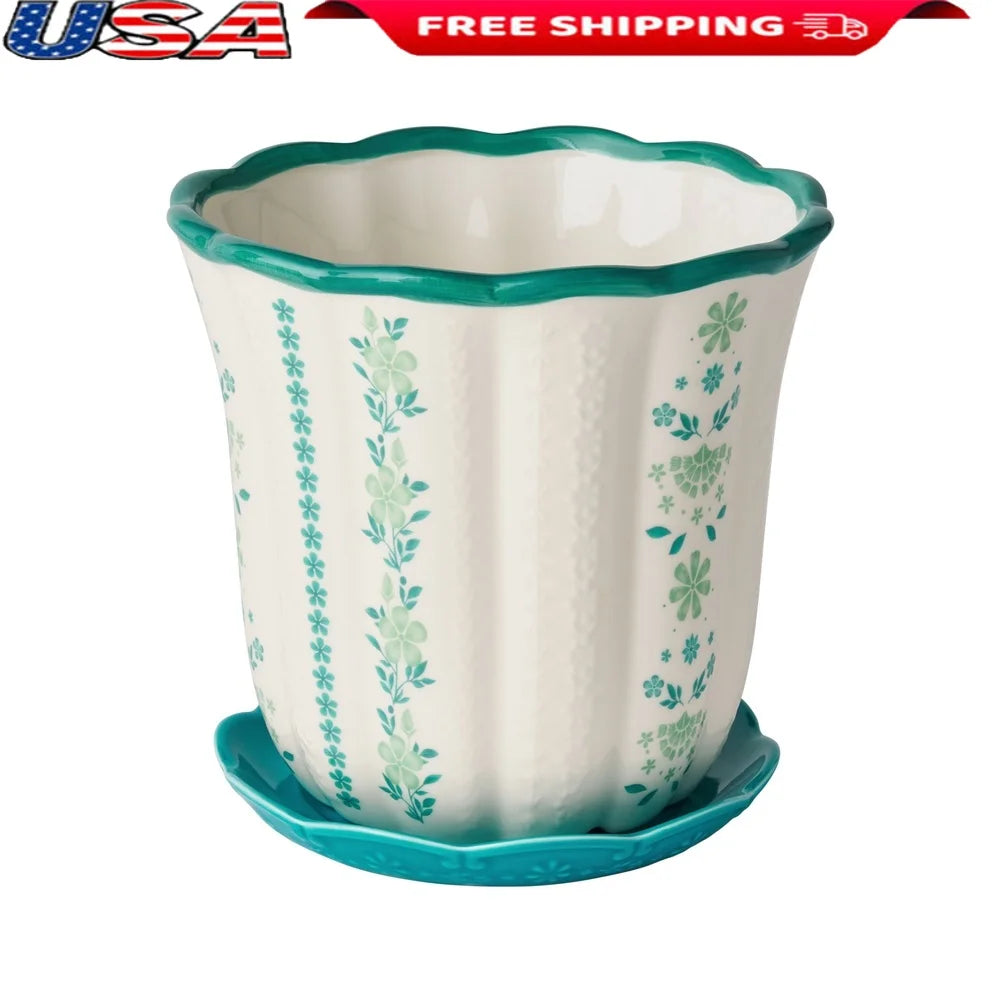 8 Inch Ceramic Scallop Planter with Floral Pattern Drainage Holes Indoor Outdoor Use Perfect Flowers Herbs Succulents
