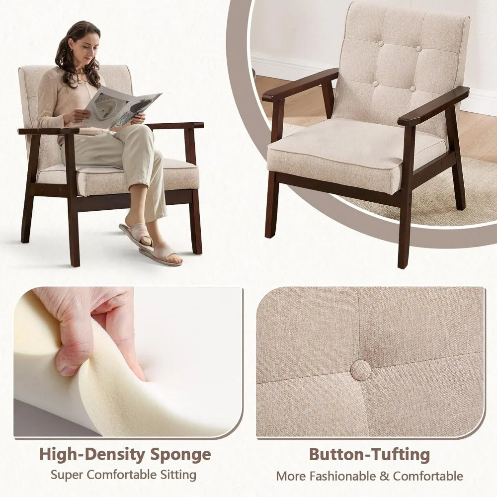 Mid Century Modern Accent Chairs Set of 2, Tufted Fabric Armchair with Solid Wood Frame, Comfy Retro Side Chair, Customized