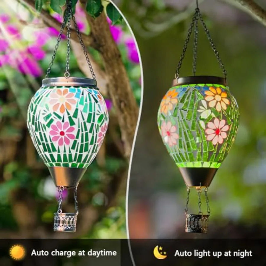 Hot Air Balloon Solar Lantern Flower Pattern Glass Hanging Solars Lanterns Outdoor Waterproof Decorative Solar Light for Garden