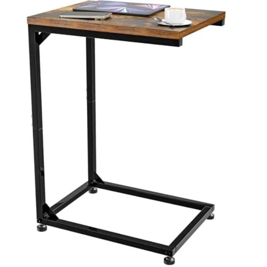 C Shaped End Table for Couch Small Side Table TV Tray Table with Metal Frame for Living Room Bedroom Rustic Brown