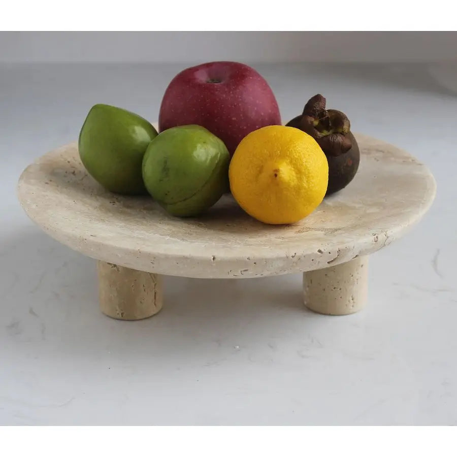 Handmade Travertine Fruit Bowl for Kitchen Counter 10, Large Decorative Bowl for Home Decor, Modern 3Legs Serving Plate, Key Bow