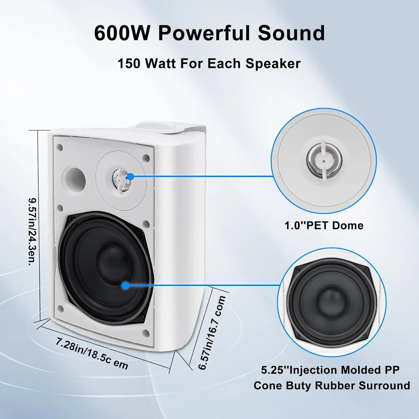 Herdio 5.25'' 2PCS Indoor Outdoor Bluetooth Speakers Patio Waterproof Wired Wall Mount System 300 Watts Black