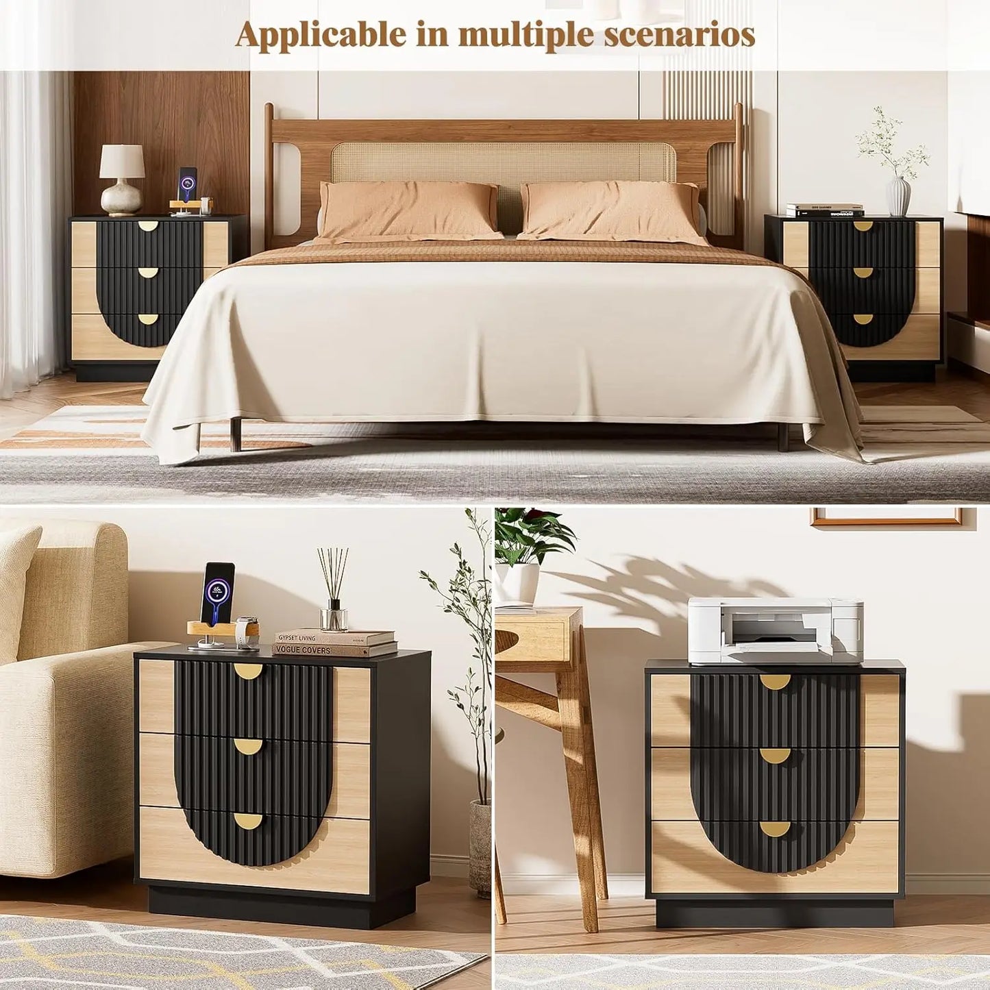 3 Drawer Nightstand with Charging Station, 28" Fluted Night Stand & Modern Bedside Table, Wood End Table Storage Cabinet