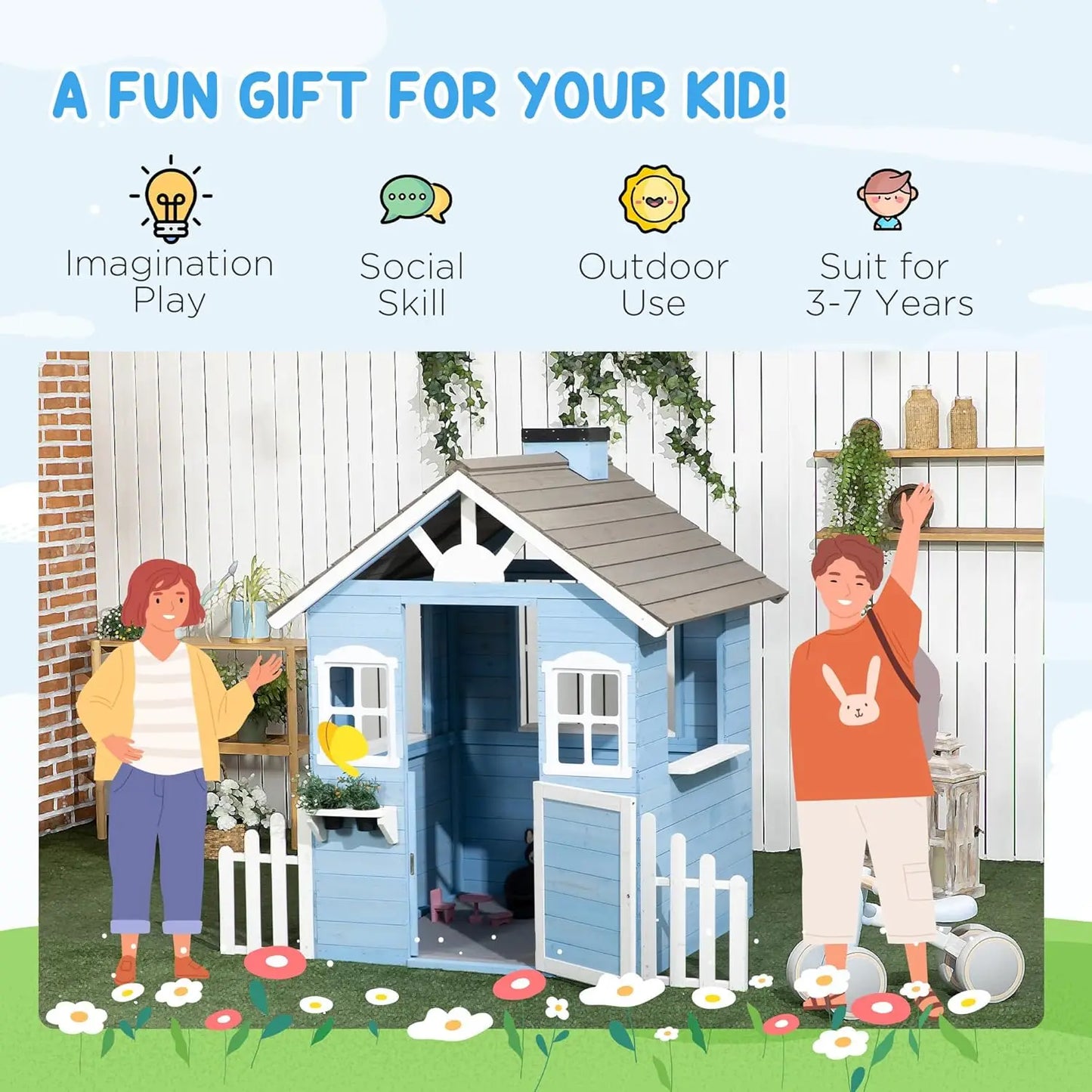 Playhouse for Kids Outdoor, Country Style Wooden Playhouse with Flower Pot Holders, Working Door, Windows, Service, Customized