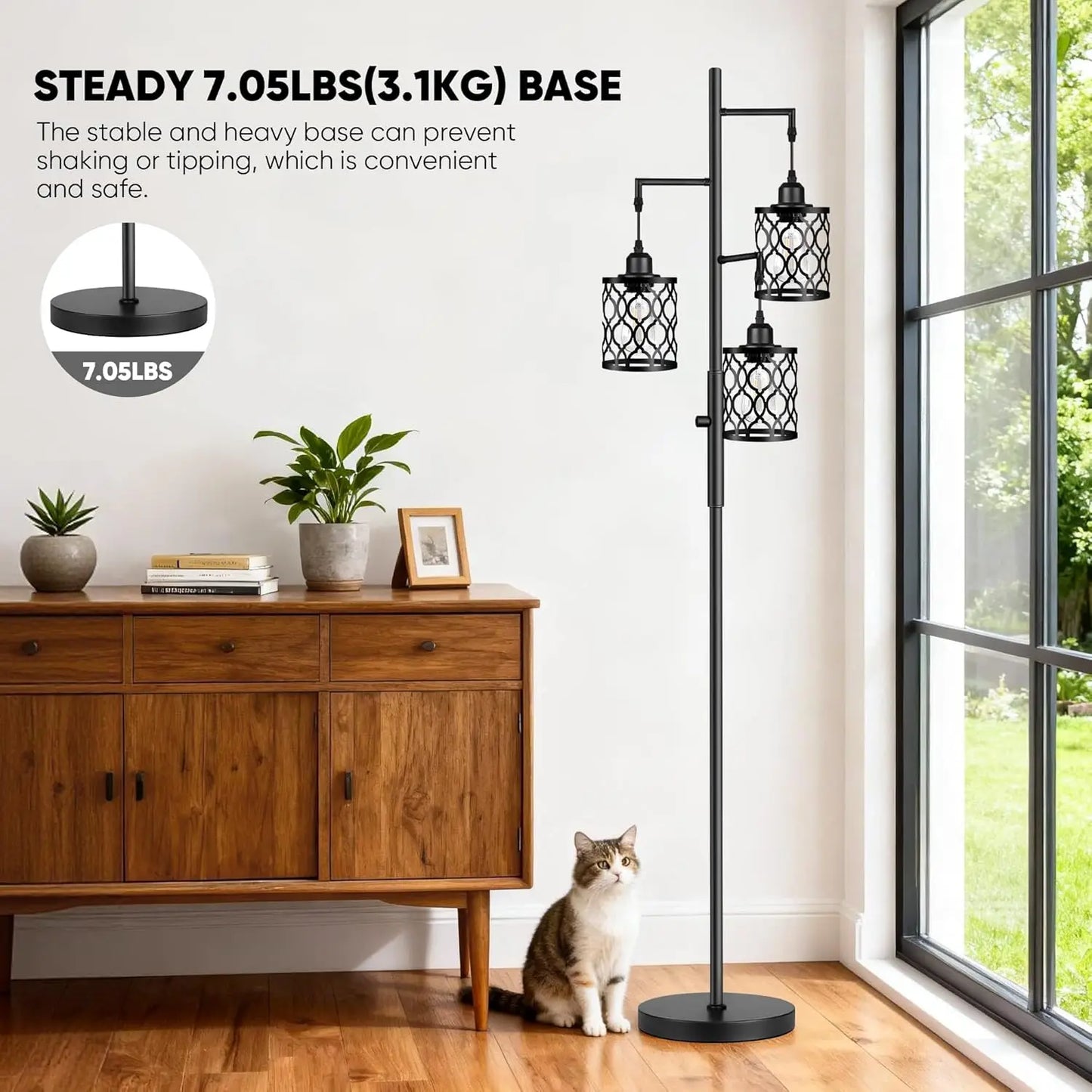 Dimmable Farmhouse Floor Lamp with 3 LED Bulbs, Rustic Industrial Style for Living Room and Bedroom