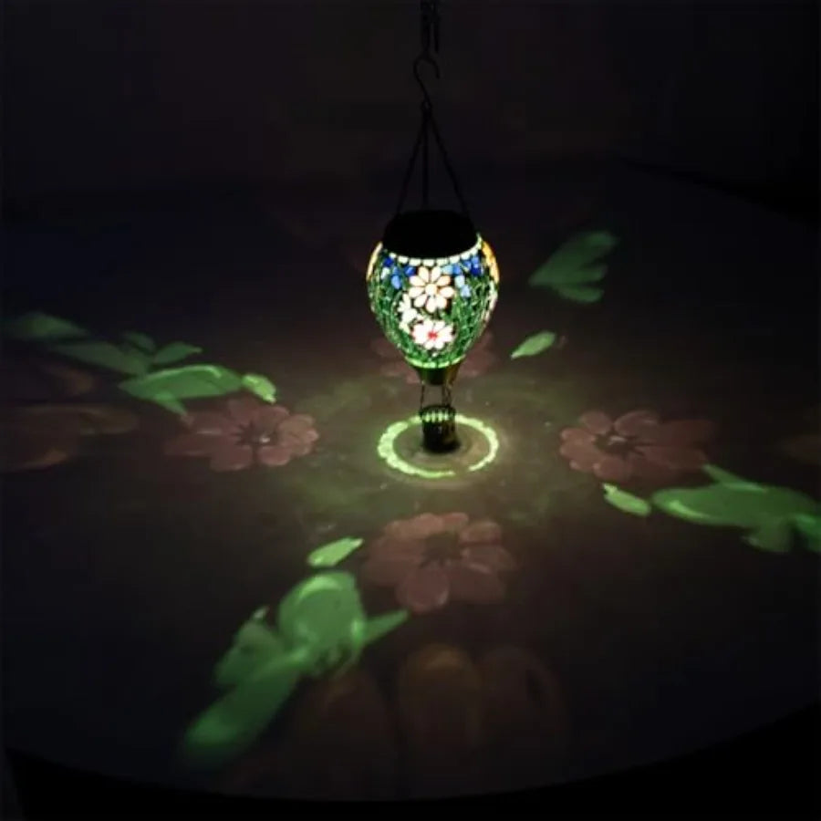 Hot Air Balloon Solar Lantern Flower Pattern Glass Hanging Solars Lanterns Outdoor Waterproof Decorative Solar Light for Garden